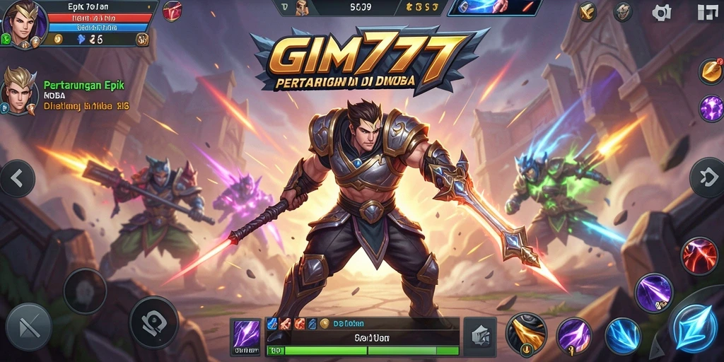 Tampilan gameplay seru dalam GIM777 dengan tim bertarung di arena MOBA.