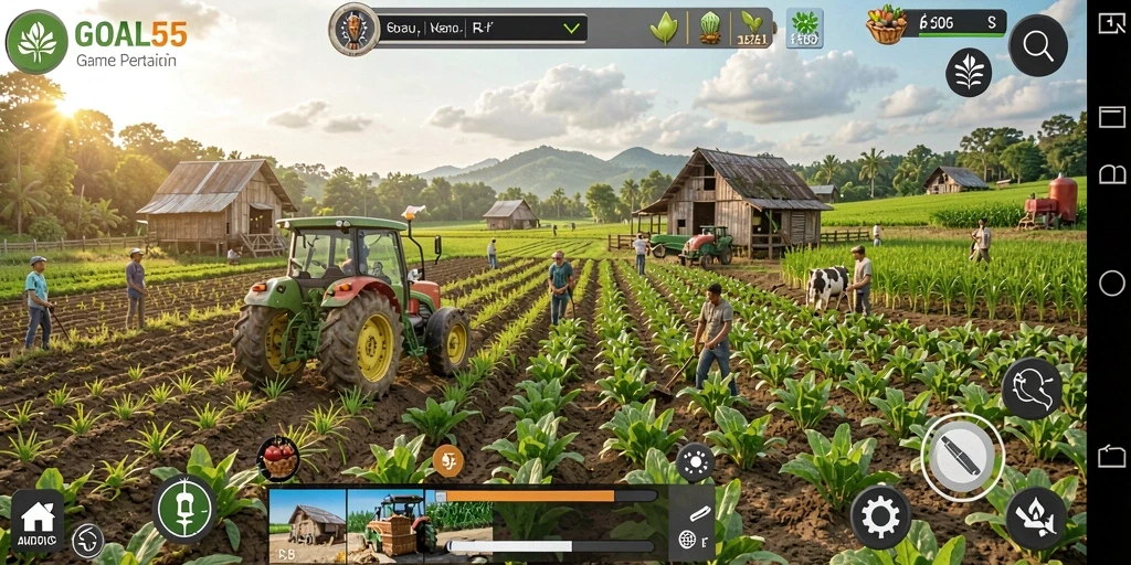Screenshot menunjukkan keseruan gameplay GOAL55 dengan ladang yang subur.