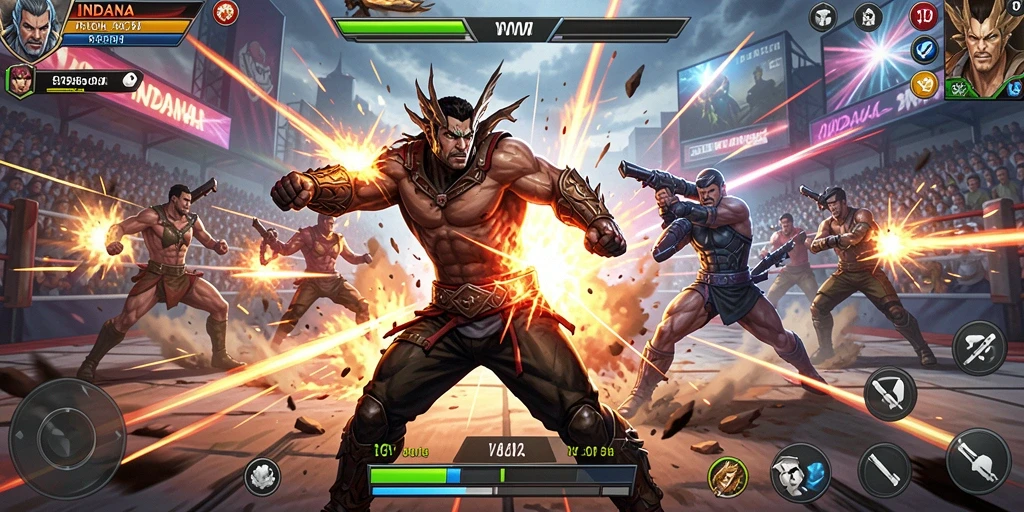Tampilan dinamis dari gameplay INDAAA dengan pertarungan yang seru.