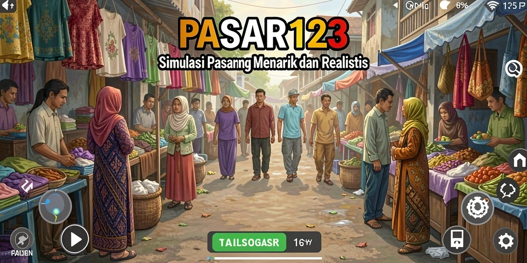 Screenshot utama PASAR123 menunjukkan suasana pasar yang hidup dan interaktif.