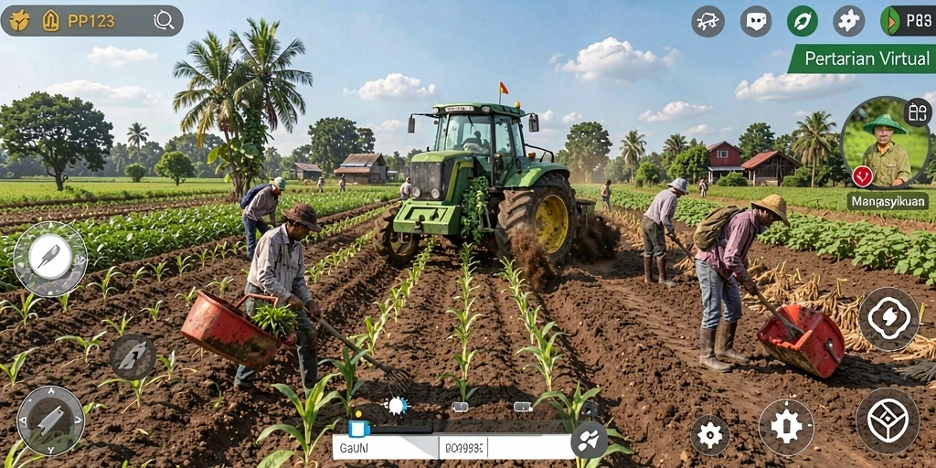 Tampilan gameplay PP123 dengan ladang pertanian yang indah dan interaksi hewan.