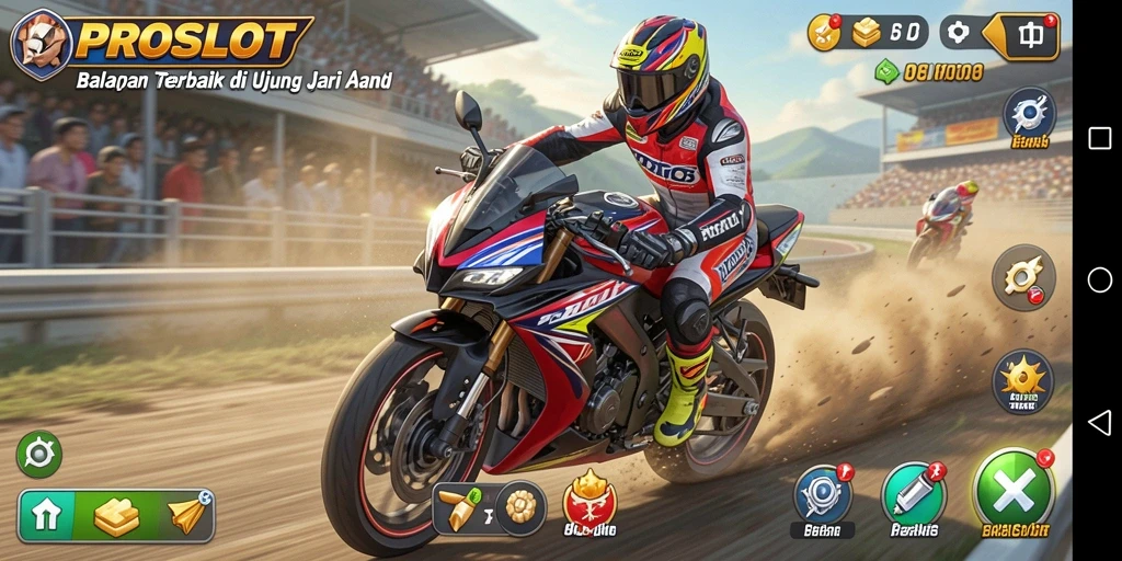 Screenshot gameplay PROSLOT menampilkan balapan motor yang seru dan mendebarkan.