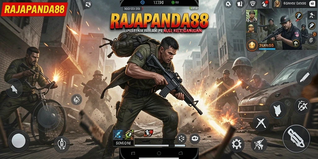 Screenshot utama RAJAPANDA88 menampilkan aksi pertempuran yang intens.