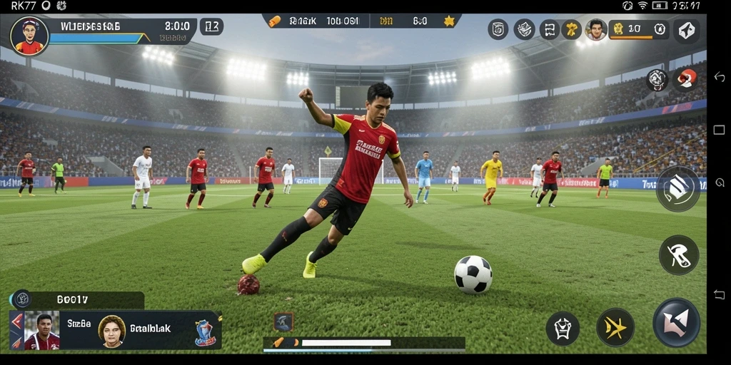 Screenshot gameplay RK77 yang menampilkan aksi seru di lapangan sepak bola.