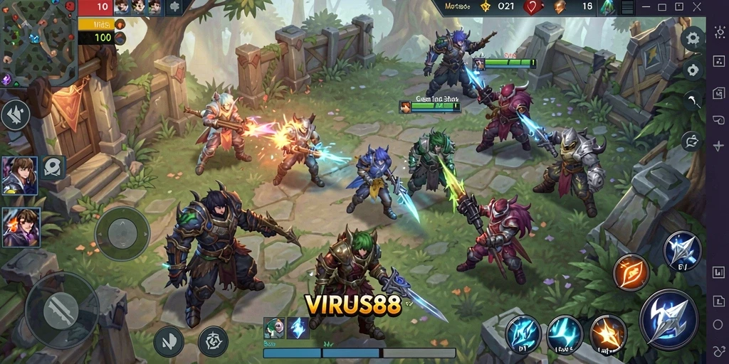 Screenshot gameplay <strong>VIRUS88</strong> menunjukkan tim bertempur dengan strategi MOBA yang menarik.